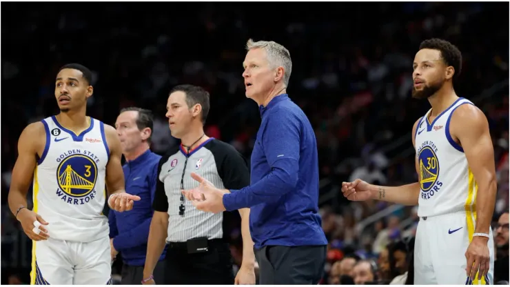 Stephen Curry, Steve Kerr, and Jordan Poole
