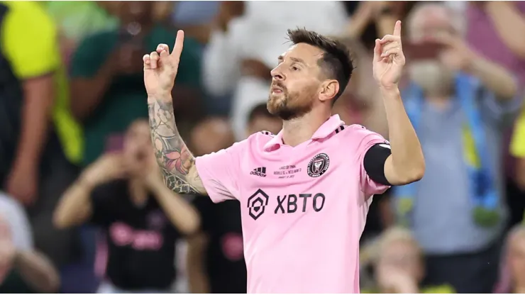 Lionel Messi of Inter Miami celebrates after scoring a goal.
