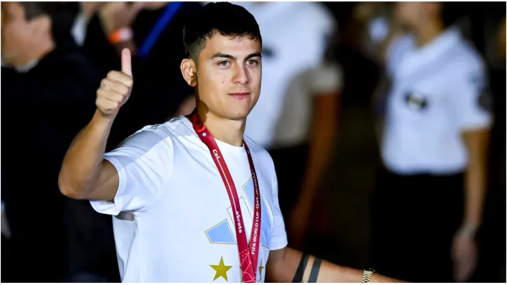 Paulo Dybala greets the fans during the arrival of the Argentina men's national soccer team
