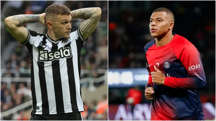 Kieran Trippier of Newcastle United and Kylian Mbappe of Paris Saint-Germain
