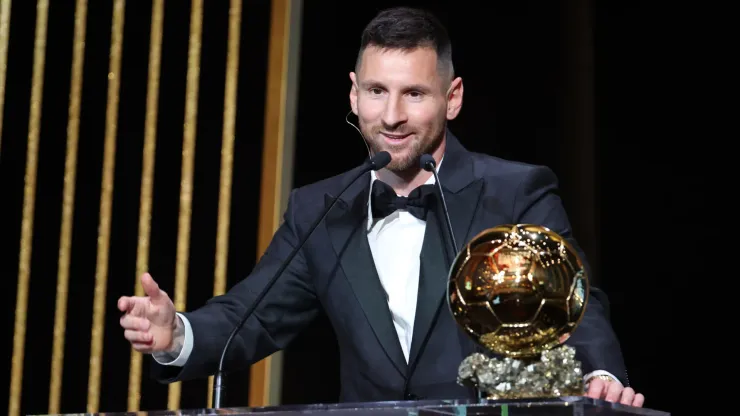 Lionel Messi during his speech after winning the Ballon d'Or award for the eighth time in his career.
