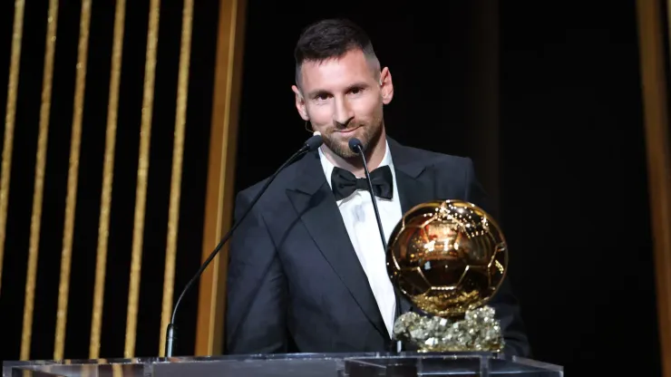 Lionel Messi after receiving his eighth Ballon d'Or in 2023
