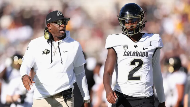 Colorado HC Deion Sanders and his son, QB Shedeur Sanders.
