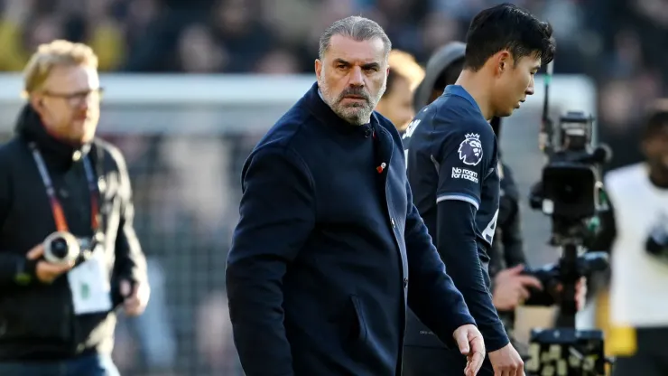 Ange Postecoglou, Manager of Tottenham Hotspur, looks dejected after the team's defeat in the Premier League match between Wolverhampton Wanderers and Tottenham Hotspur at Molineux on November 11, 2023 in Wolverhampton, England.
