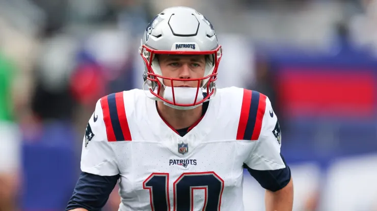 Mac Jones of the New England Patriots looks on prior to the game against the New York Giants.
