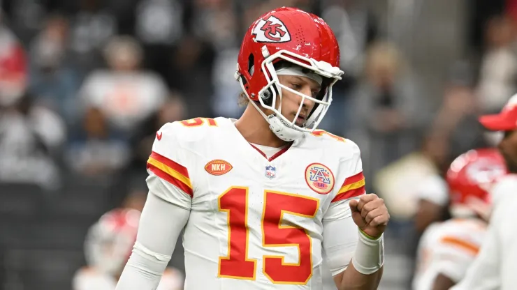 Patrick Mahomes of the Kansas City Chiefs on field during warm up against the Las Vegas Raiders at Allegiant Stadium on November 26, 2023 in Las Vegas, Nevada.
