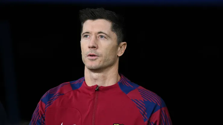 Robert Lewandowski of FC Barcelona looks onprior to the UEFA Champions League match between FC Barcelona and FC Porto at Estadi Olimpic Lluis Companys on November 28, 2023 in Barcelona, Spain. 
