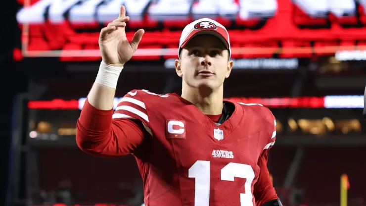 Brock Purdy celebrating a San Francisco 49ers win.
