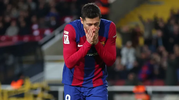 Robert Lewandowski of FC Barcelona reacts after a missed chance.
