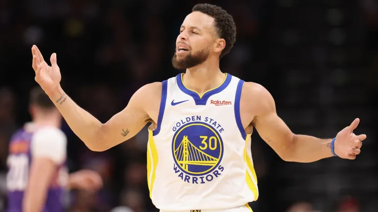 Stephen Curry complains during a game with the Golden State Warriors.
