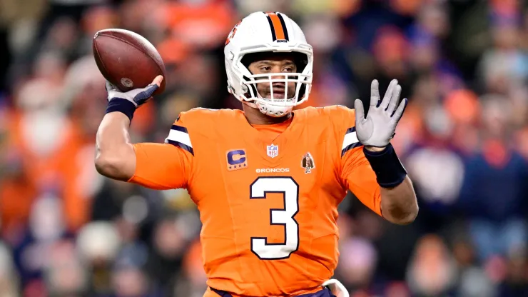 Russell Wilson throwing a pass for the Denver Broncos.
