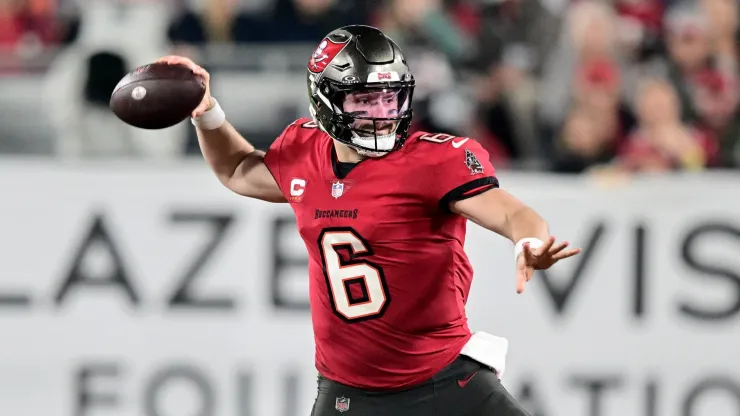 Baker Mayfield #6 of the Tampa Bay Buccaneers throws a pass against the Philadelphia Eagles during the third quarter in the NFC Wild Card Playoffs at Raymond James Stadium on January 15, 2024 in Tampa, Florida.
