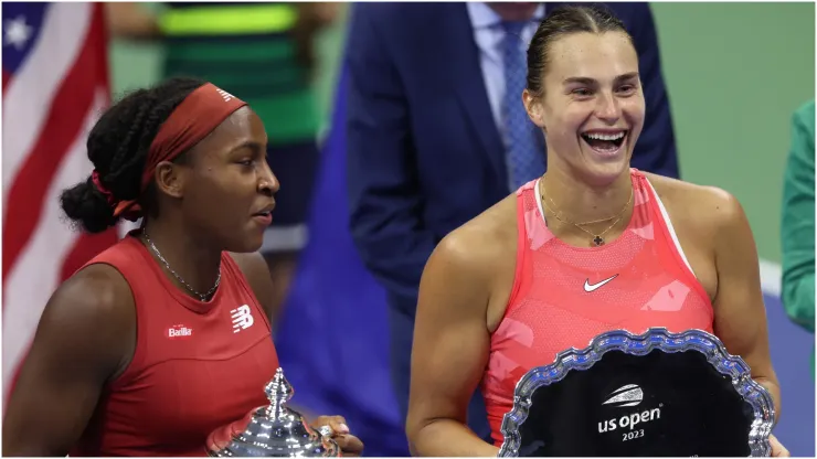 Aryna Sabalenka of Belarus during the trophy ceremony after losing to Coco Gauff of the United States
