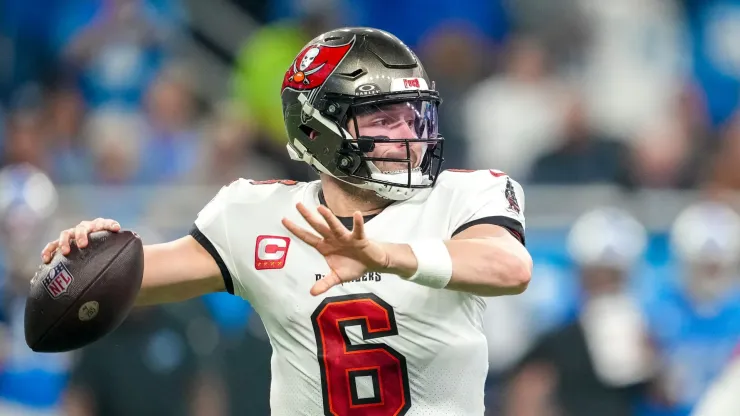 Baker Mayfield #6 of the Tampa Bay Buccaneers passes the ball against the Detroit Lions at Ford Field on January 21, 2024 in Detroit, Michigan.
