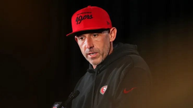 Head coach Kyle Shanahan speaks to the media during San Francisco 49ers media availability ahead of Super Bowl LVIII at Hilton Lake Las Vegas Resort and Spa on February 07, 2024 in Henderson, Nevada.
