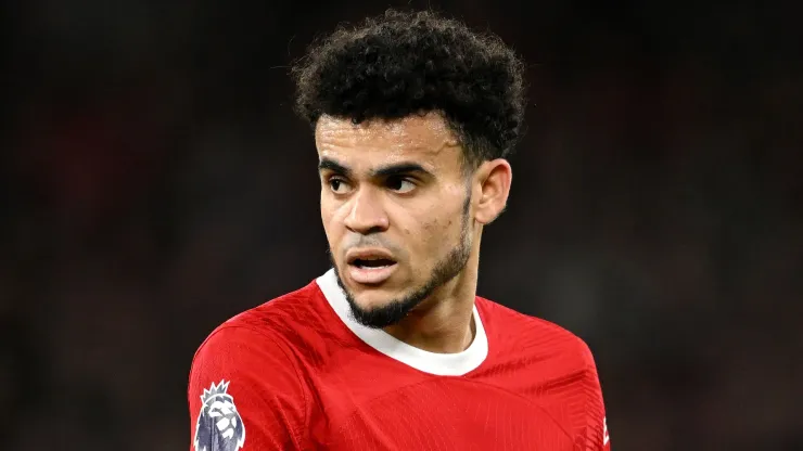 Luis Diaz of Liverpool looks on during the Premier League match between Liverpool FC and Arsenal FC at Anfield on December 23, 2023 in Liverpool, England.
