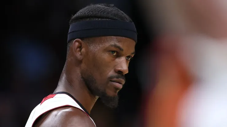 Jimmy Butler #22 of the Miami Heat reacts against the Washington Wizards during the first half at Capital One Arena on February 2, 2024 in Washington.
