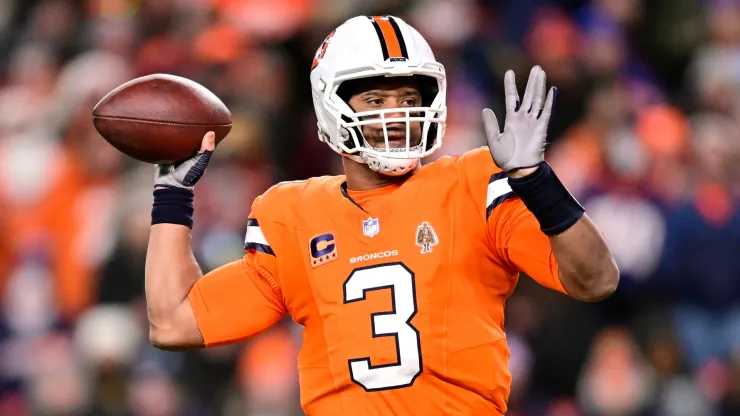 Russell Wilson #3 of the Denver Broncos passes during the 1st quarter of the game against the New England Patriots at Empower Field At Mile High on December 24, 2023 in Denver, Colorado.
