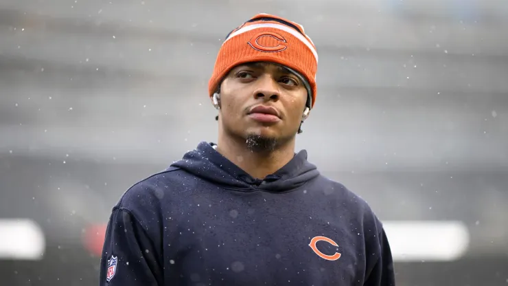 Justin Fields #1 of the Chicago Bears looks on prior to a game against the Atlanta Falcons at Soldier Field on December 31, 2023 in Chicago, Illinois.
