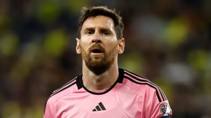 Lionel Messi #10 of Inter Miami CF reacts against Nashville SC during the second half of the Concacaf Champions Cup Leg One Round of 16 match at GEODIS Park on March 07, 2024 in Nashville, Tennessee.
