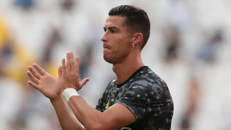 Cristiano Ronaldo of Juventus greets the fans prior to the pre-season friendly match between Juventus and Atalanta BC at Allianz Stadium on August 14, 2021 in Turin, Italy.
