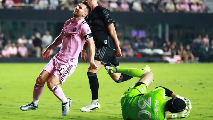 Lionel Messi #10 of Inter Miami CF reacts after Elliot Panicco #30 of Nashville SC controls the ball in the second half during a match between Nashville SC and Inter Miami CF at DRV PNK Stadium on August 30, 2023 in Fort Lauderdale, Florida.
