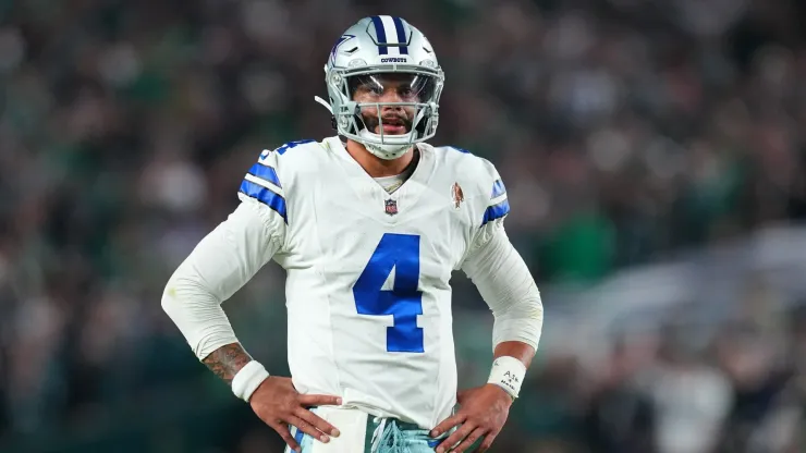 Dak Prescott of the Dallas Cowboys looks on during the second half against the Philadelphia Eagles at Lincoln Financial Field on November 05, 2023.
