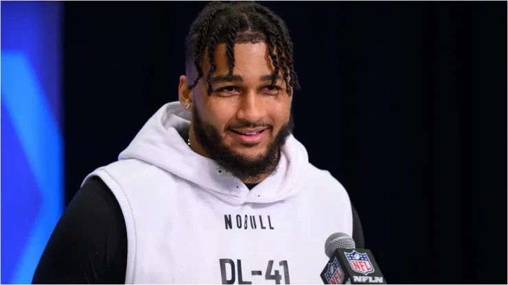 Tyler Guyton gives an interview at the NFL Scouting Combine.
