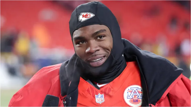 Kansas City Chiefs wide receiver Rashee Rice gives an on-field interview after a game.
