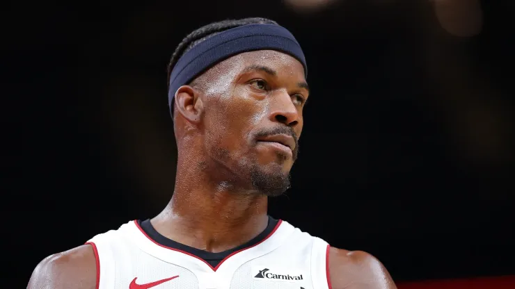 Jimmy Butler #22 of the Miami Heat reacts against the Atlanta Hawks during double overtime at State Farm Arena on April 09, 2024 in Atlanta, Georgia.
