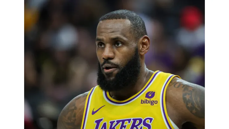 LAS VEGAS, NEVADA - OCTOBER 09: LeBron James #23 of the Los Angeles Lakers stands on the court during a break in the first quarter of a preseason game against the Brooklyn Nets at T-Mobile Arena on October 09, 2023 in Las Vegas, Nevada. The Lakers defeated the Nets 129-126. NOTE TO USER: User expressly acknowledges and agrees that, by downloading and or using this photograph, User is consenting to the terms and conditions of the Getty Images License Agreement. (Photo by Ethan Miller/Getty Images)
