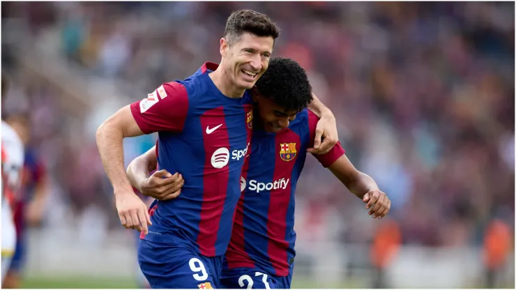 Robert Lewandowski of FC Barcelona celebrate with teammate
