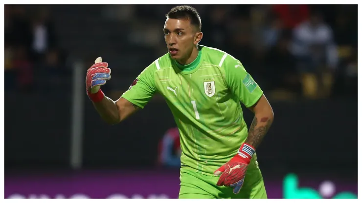 Fernando Muslera of Uruguay gestures during a match between Uruguay and Argentina
