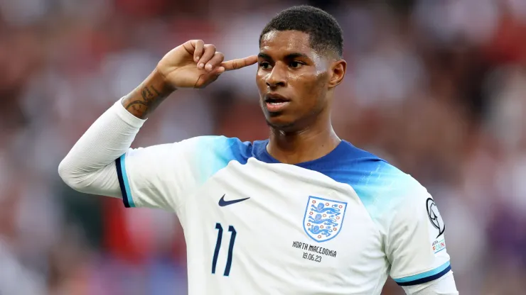  Marcus Rashford of England celebrates after scoring the team's third goal during the UEFA EURO 2024 qualifying round group C.
