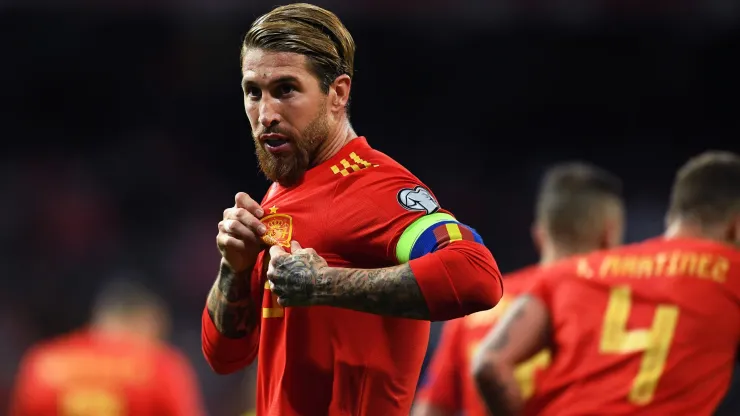 Sergio Ramos of Spain celebrates scoring during the 2020 UEFA European Championships group F.
