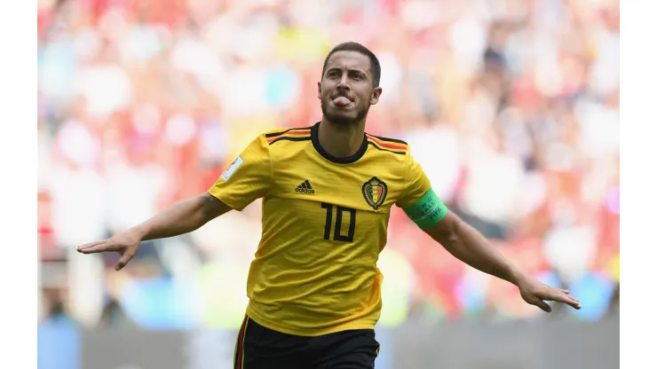 Eden Hazard of Belgium celebrates after scoring during the 2018 FIFA World Cup Russia group G match between Belgium and Tunisia
