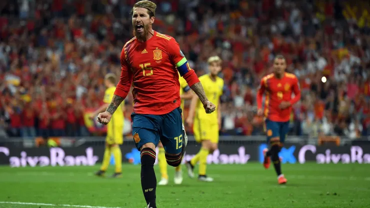 Sergio Ramos of Spain celebrates scoring during the 2020 UEFA European Championships group F match between Spain and Sweden.
