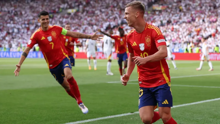 Dani Olmo of Spain celebrates scoring his team's first goal during the UEFA EURO 2024 quarter-final match between Spain and Germany at Stuttgart Arena on July 05, 2024 in Stuttgart, Germany.
