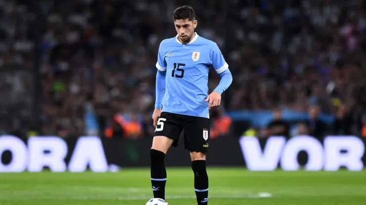 Federico Valverde of Uruguay drives the ball during a FIFA World Cup 2026 Qualifier match between Argentina and Uruguay 
