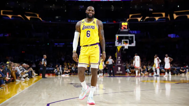 LeBron James #6 of the Los Angeles Lakers reacts during play against the Houston Rockets in the second half at Crypto.com Arena
