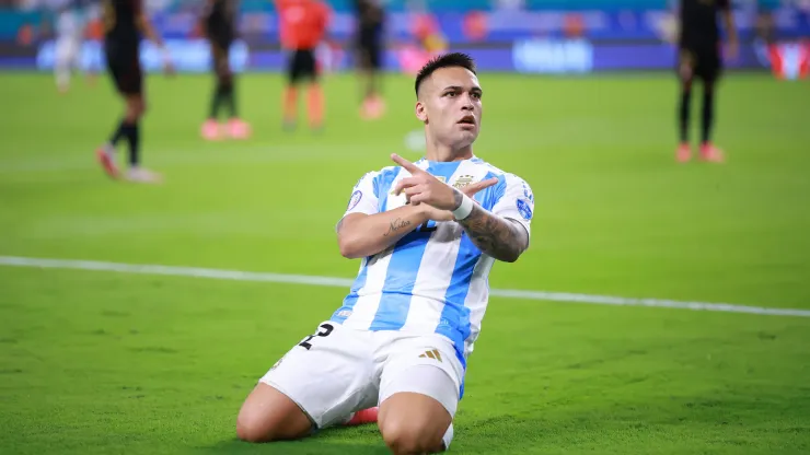 Lautaro Martinez of Argentina celebrates after scoring the team's first goal during the CONMEBOL Copa America 2024 Group A match between Argentina and Peru
