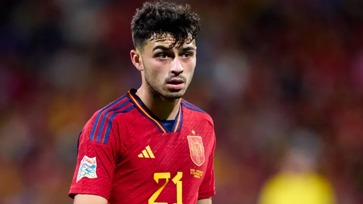 Pedri of Spain looks on during the UEFA Nations League League A Group 2 match between Spain and Switzerland at La Romareda on September 24, 2022 in Zaragoza, Spain.
