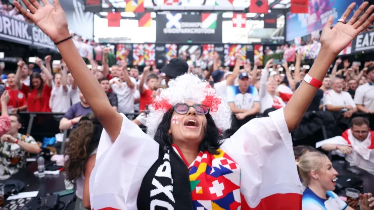 England fans gather to watch the UEFA EURO 2024 semi-finals match between England and Netherlands at Boxpark Croydon on July 10, 2024 in London, England. 
