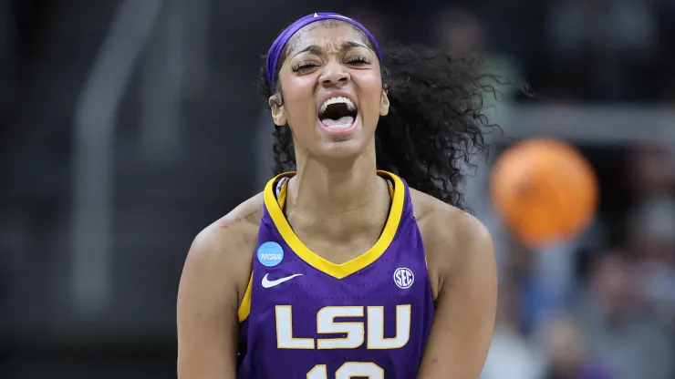 Angel Reese #10 of the LSU Tigers reacts in a game against the UCLA Bruins during the first half in the Sweet 16 round of the NCAA Women's Basketball Tournament at MVP Arena on March 30, 2024 in Albany, New York.
