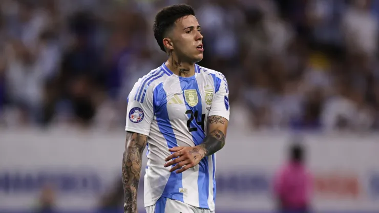 Enzo Fernandez of Argentina gestures during the CONMEBOL Copa America 2024 quarter-final match between Argentina and Ecuador
