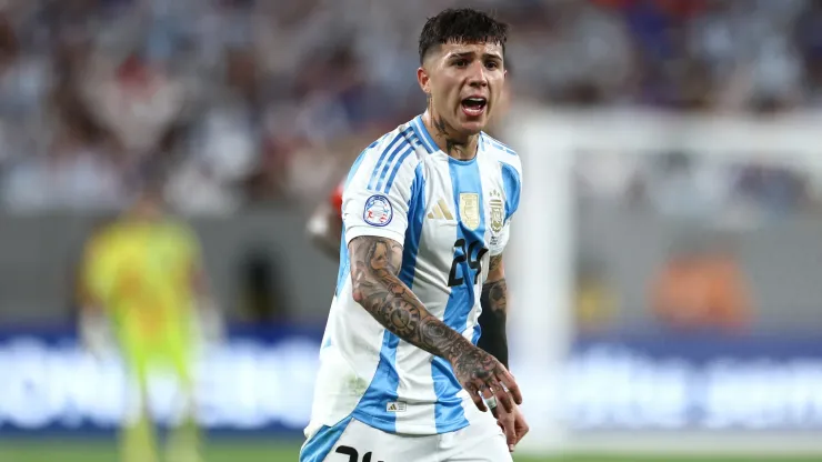 Enzo Fernández #24 of Argentina reacts against Chile during a group stage match at MetLife Stadium on June 25, 2024 in East Rutherford, New Jersey.
