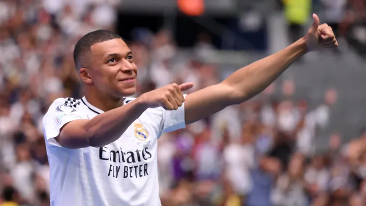 Real Madrid new signing, Kylian Mbappe is unveiled at Estadio Santiago Bernabeu on July 16, 2024 in Madrid, Spain. 
