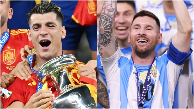 Alvaro Morata of Spain (left) and Lionel Messi of Argentina.
