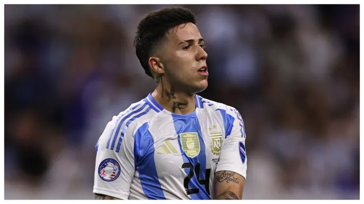 Enzo Fernandez of Argentina gestures during the CONMEBOL Copa America 2024 quarter-final match between Argentina and Ecuador at NRG Stadium on July 04, 2024 in Houston, Texas. 
