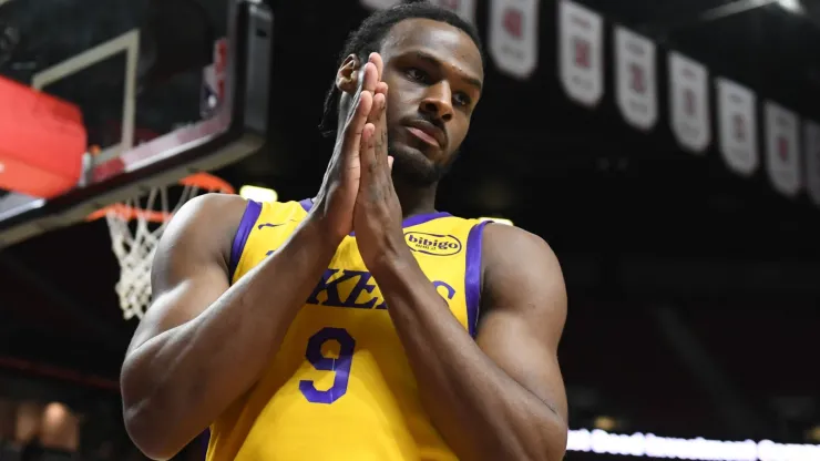 Bronny James Jr. #9 of the Los Angeles Lakers prepares to inbound the ball against the Cleveland Cavaliers at the start of the second half of a 2024 NBA Summer League game at the Thomas & Mack Center on July 18, 2024 in Las Vegas, Nevada. 
